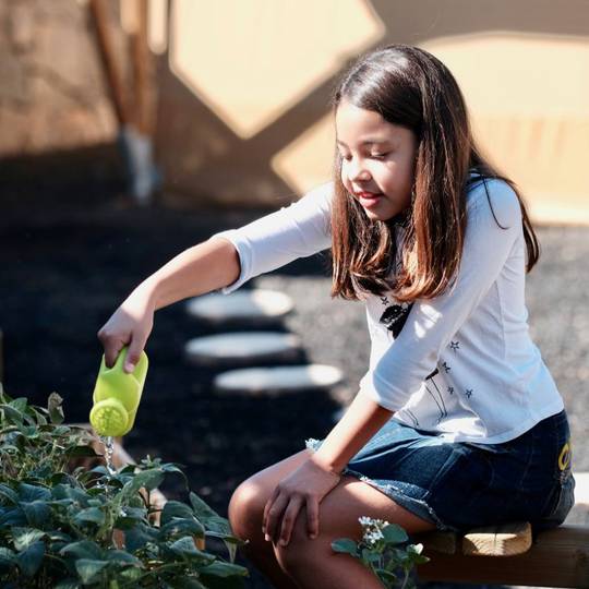 Little girl watering a plant